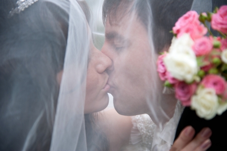 Wedding couple kissing. Portrait of bride and groom through the veilの写真素材