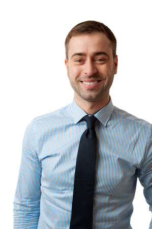 Happy smiling mature business man in blue shirt and tie isolated on white backgroundの写真素材