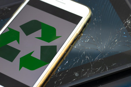 Electronic devices with cracked screens ready for recycling.の写真素材