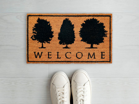 Designer Welcome Entry Doormat Placed on White Floor with White Shoesの写真素材