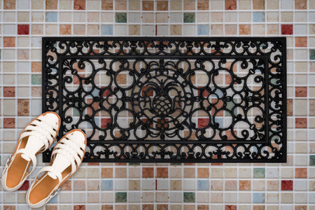 Designer Welcome Entry Doormat Placed on Square Marble Floor with White Ladies Sandlesの写真素材