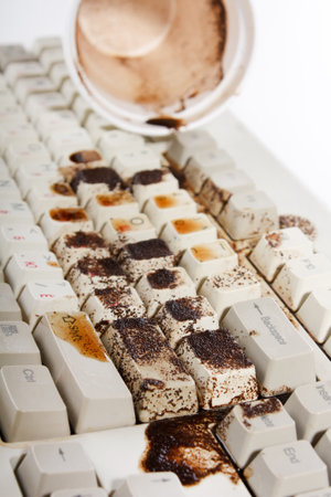 coffee spilling on keyboard の写真素材