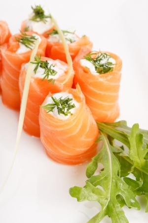Smoked salmon rolls with cream cheeseの写真素材