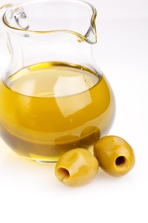 Olive oil and olivesの写真素材