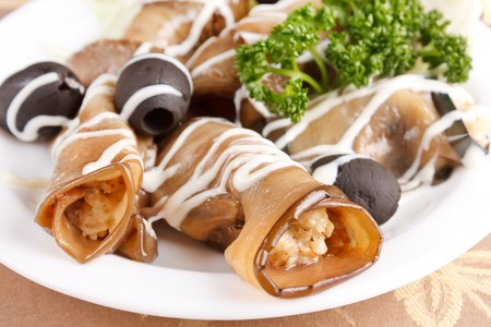 Eggplant rolls stuffed with  cheese の写真素材