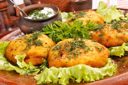 potato fritter with sauceの写真素材