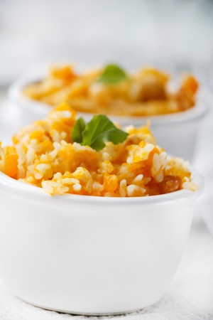 pumpkin risotto on bowlsの写真素材