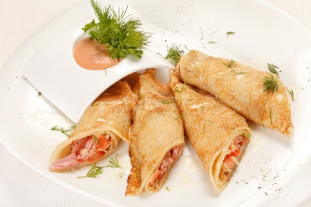 Pancakes with Salmonの写真素材