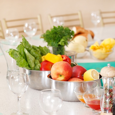 fruit and vegetables on the tableの写真素材