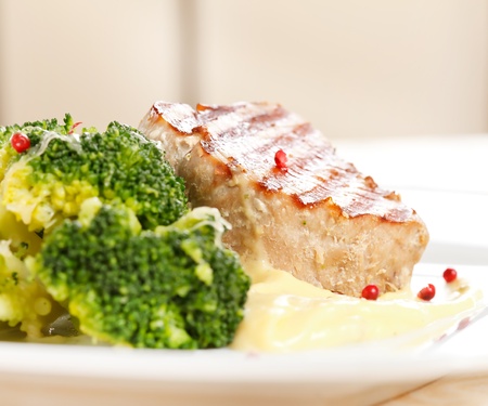 tuna steak with broccoliの写真素材