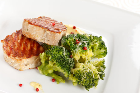 tuna steak with broccoliの写真素材