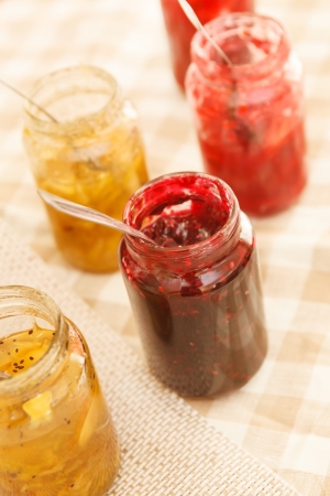 different jars full of fruity jamの写真素材