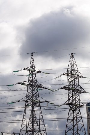 High voltage tower at skyの写真素材