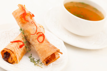 soup with stuffed fillo rolls