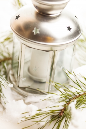 Christmas table decoration with candleの写真素材