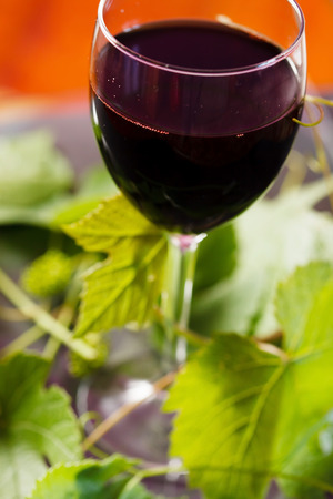 Red wine in glass with grape leavesの写真素材