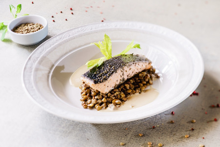 salmon fillet with lentilsの写真素材