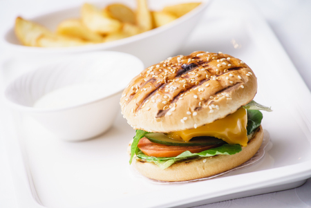 cheeseburger with potatoの写真素材