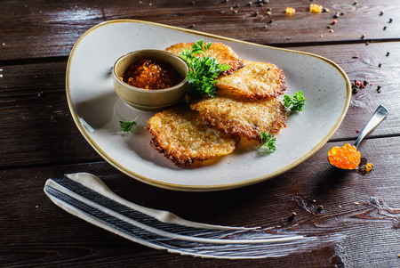 potato pancakes with caviarの写真素材
