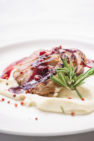 duck breast with mashed potatoの写真素材