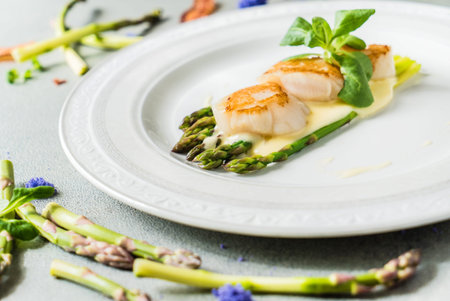 Freshly sauteed scallops with green asparagusの写真素材