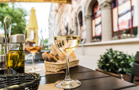 Served table set at summer terrace cafeの写真素材