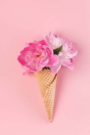 peony flowers in the waffle coneの写真素材
