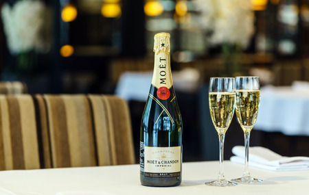 BELARUS, MINSK- JANUARY 24, 2017:Bottle of Moet & Chandon champagne in the restaurant.のeditorial素材