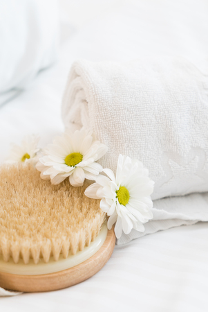 spa and beauty threatment products with white towelの写真素材