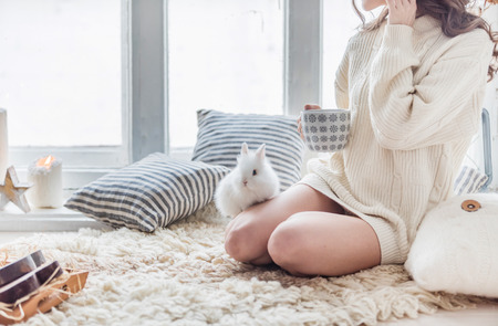 women with rabbitの写真素材