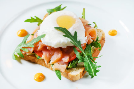 toast with egg and salmonの写真素材