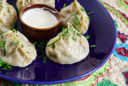 Dumplings, Manti - traditional meat dish of Central Asia, Turkey, Mongolia, Koreaの写真素材