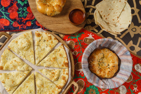 uzbek bread cut slicesの写真素材