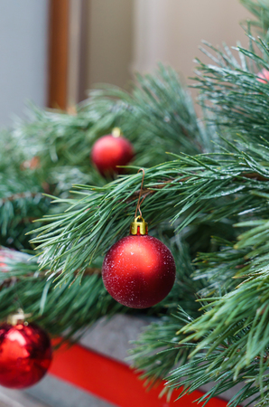 pine branches with red Christmas ballsの写真素材