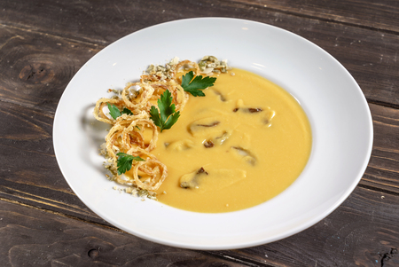 cream soup with fried onionの写真素材