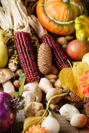 autumn harvest on wooden backgroundの写真素材