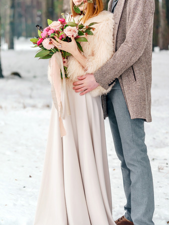 winter wedding in forestの写真素材