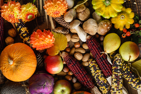 autumn harvest on wooden backgroundの写真素材