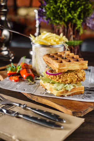 waffle sandwich with french friesの写真素材