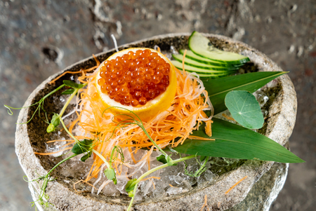 red caviar on lemonの写真素材