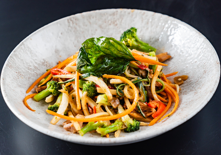 noodles with meat and vegetablesの写真素材