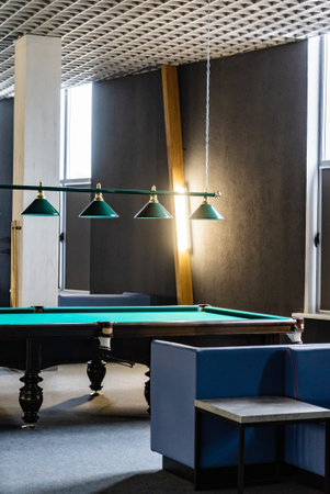 billiard table, ball and cue