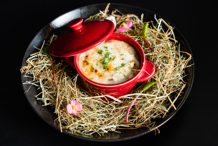 julienne with forest mushrooms and duck legの写真素材