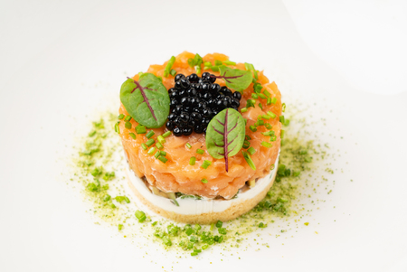 salmon tartare on the white plateの写真素材