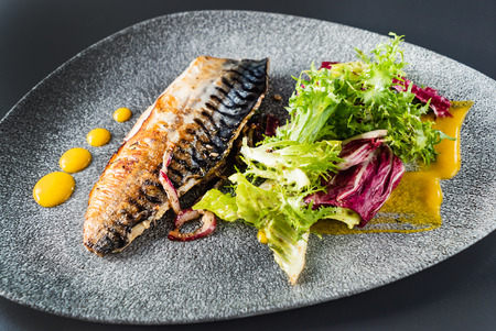 grilled mackerel with fresh saladの写真素材