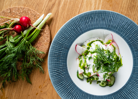 Summer fresh salad with radishes and cucumberの写真素材