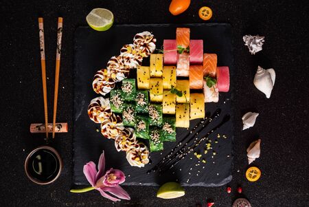 sushi on the black backgroundの写真素材