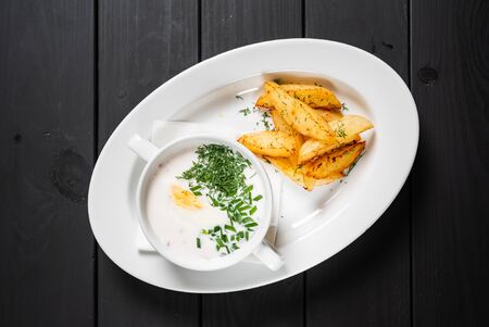 cold soup with baked potatoesの写真素材