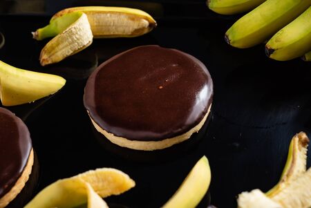 tasty banana cake on the black backgroundの写真素材