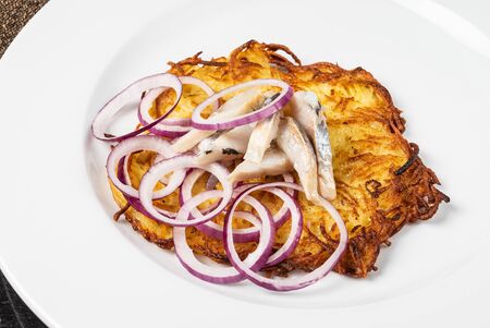potato pancake on the white plateの写真素材